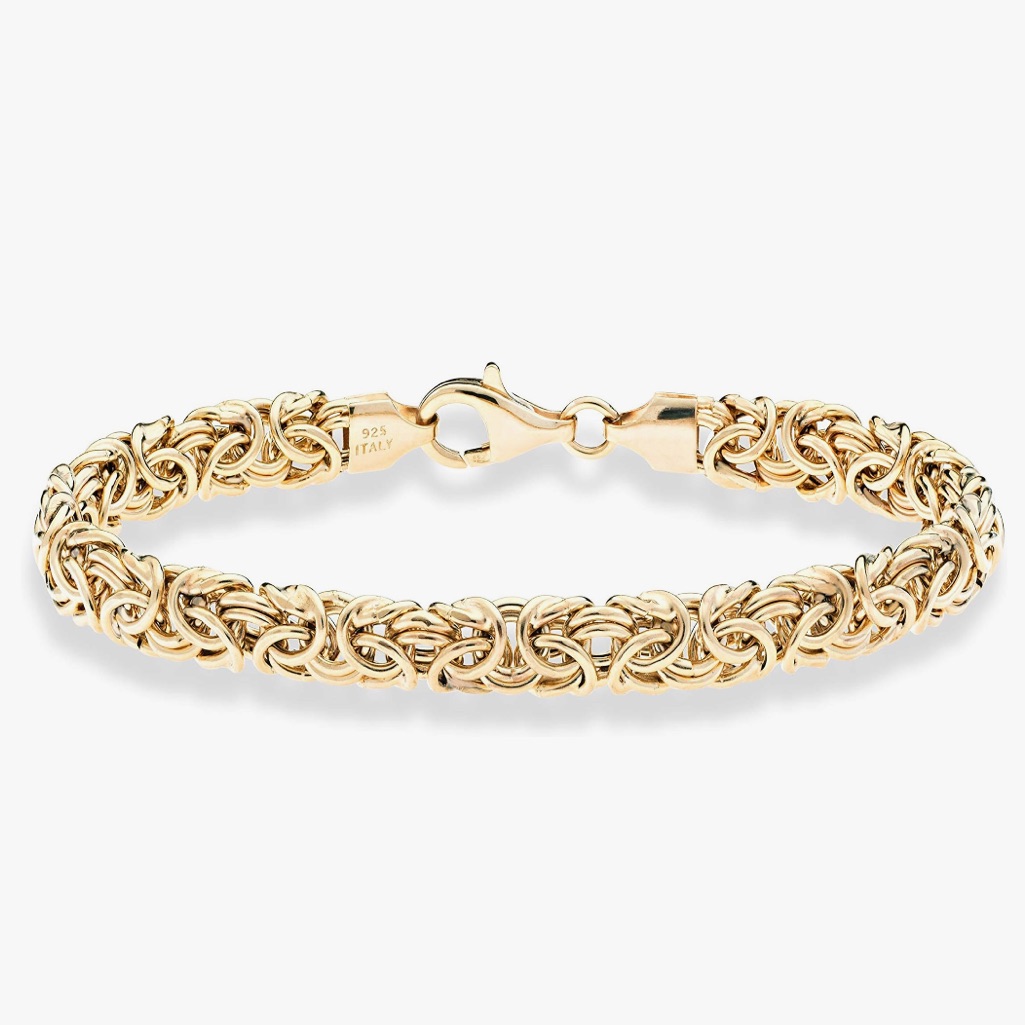 Italian 18k Gold- 925 Sterling Silver 6.8mm Byzantine Link Chain Bracelet
